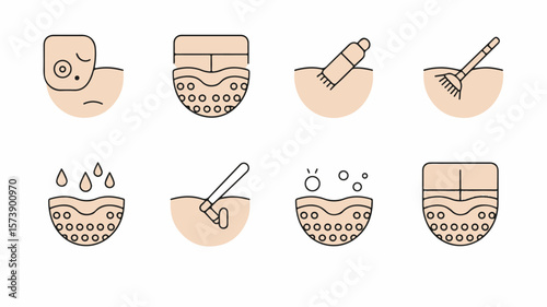 Skin care and dermatology vector icons illustrating various procedures and conditions in minimalist style
