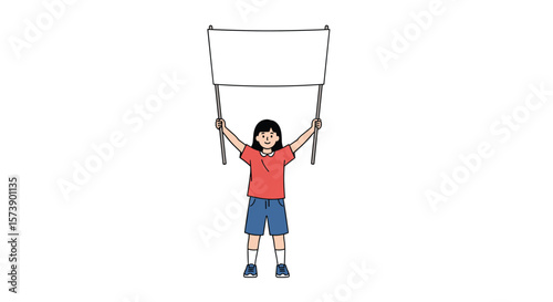 A young girl holds a blank sign above her head with both hands dressed casually in a t-shirt and shorts on a white background