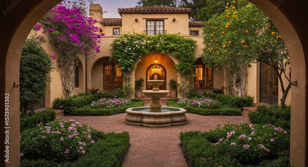 Naklejka premium Mediterranean Courtyard Home Estate - Luxurious Mediterranean home with a serene courtyard featuring a fountain, lush landscaping, and beautiful architecture