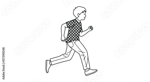 A simple line drawing of a young boy enjoying a casual jogging exercise outdoors in everyday clothing