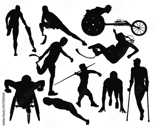 Silhouette of the runner of the artificial leg. Paralympic agitos in their original colors, chic and elegant illustration, sober, intergenerational, para swimming. Handicap athletes silhouettes