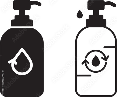 Soap Dispenser Icons Black and White Illustrations of Pump Bottles for Hygiene and Cleaning Products