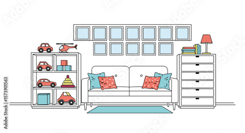 A pixelated playroom scene featuring toys and a comfortable living space for children