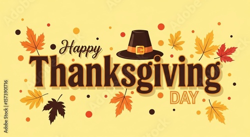 Wallpaper Mural Happy Thanksgiving! Festive Autumn Design with Leaves and Pilgrim Hat Torontodigital.ca