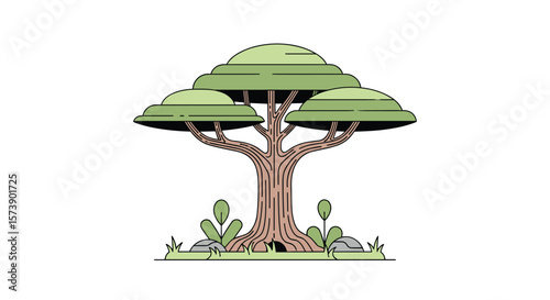 A detailed illustration of a majestic savanna tree with a thick trunk and broad green canopy surrounded by lush vegetation and rocks on a white background representing nature and wildlife