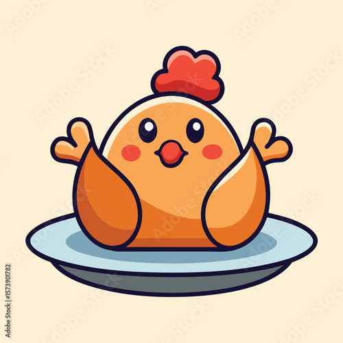 Cute cartoon animal illustration with a happy chicken in a kitchen pot and a funny turkey enjoying tea, a playful design for a baby food icon