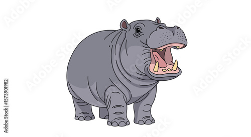 An animated cartoon of a gray hippopotamus standing with its mouth open showing its teeth and pink gums on a white background
