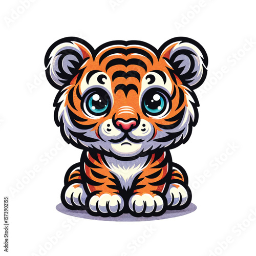 Cute cartoon tiger cub with big blue eyes and orange stripes kitten animal