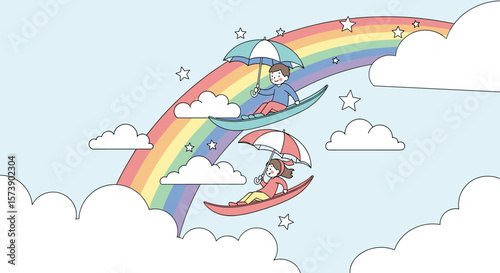 Chasing dreams under a magical rainbow sky with adorable characters enjoying a whimsical adventure