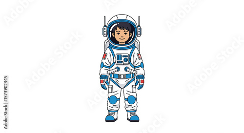 A digital illustration of a young person in a modern astronaut suit exploring outer space