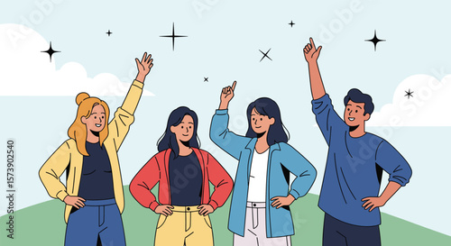 A diverse group of young adults celebrating success and teamwork with enthusiasm and joyful expressions
