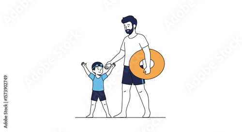 Father and son enjoying a sunny day at the beach together having fun playing water games