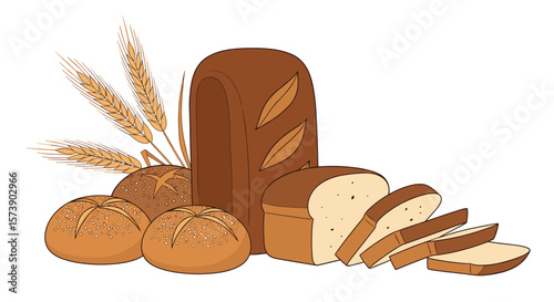 A variety of freshly baked artisan breads with wheat stalks symbolizing natural ingredients and wholesomeness for healthy eating