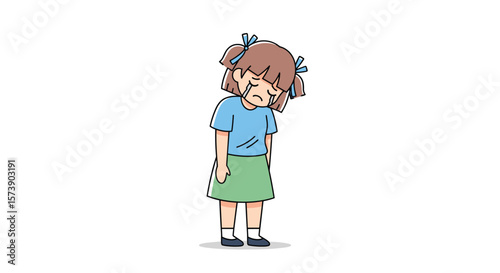A sad young girl feeling disappointed and distressed with drooping shoulders and tearful eyes illustrating negative emotions