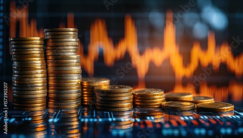 Stacks of gold coins arranged by height with a blurred orange financial graph in the background, symbolizing investment, growth, and economic trends.