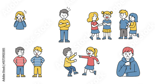 Illustrations depicting various negative social interactions among children showing bullying behavior and emotional distress