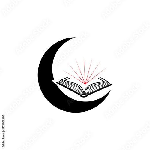 Illustration of a crescent moon with an open book and red rays emanating from the book center