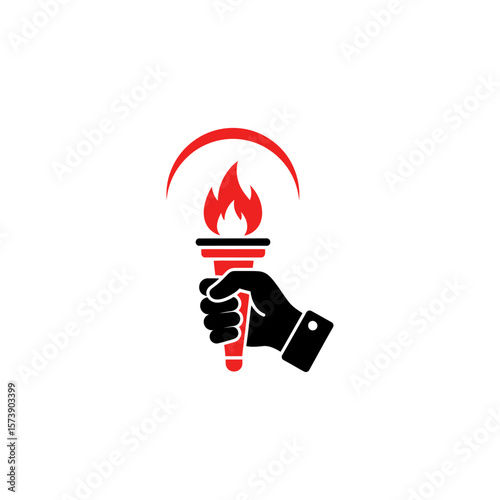 Black hand holding a red torch with a flame and a red arc above it on a white background image