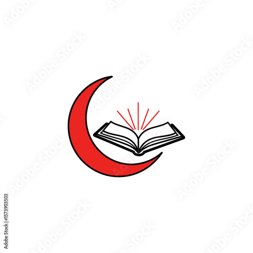 A symbolic illustration of a red crescent moon with an open book and radiating lines on a white backdrop