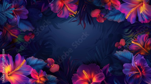 Elegant tropical frame made of exotic emerald leaves and flowers with neon lighting. Stylish fashion banner. Plants are illuminated with purple, orange, and pink fluorescent light.