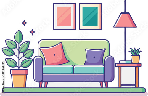 Cozy Living Room Interior with Sofa, Plants, and Decorative Elements vector illustration.