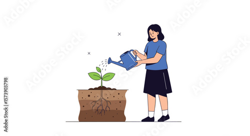 A person watering a young plant growing in healthy soil with visible roots illustrating care and nurturing for growth