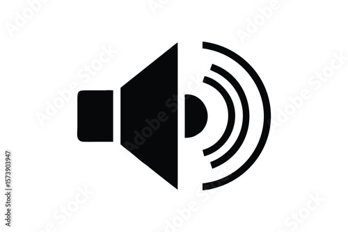 Black and white graphic icon representing sound waves emanating from a speaker cone on a white background