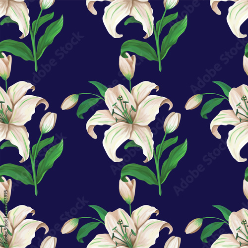 Vector lily flowers seamless pattern on navy blue background. Realistic elegant lily flowers patterns for textile, fabric, bedding, wallpaper.