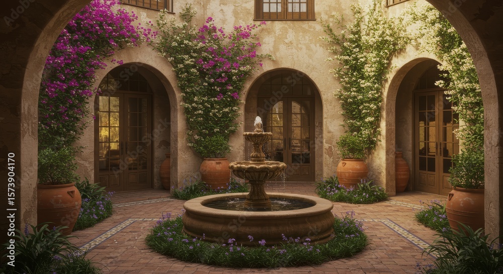 Fototapeta premium Spanish Courtyard Garden Oasis Fountain Architecture - Serene Spanish courtyard, tranquil fountain, lush greenery, terracotta pots, architectural detail.