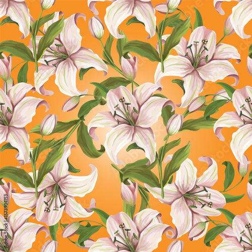 Lily flowers seamless pattern on orange background. Realistic elegant lily flowers patterns for textile, fabric, bed linen, wallpaper.