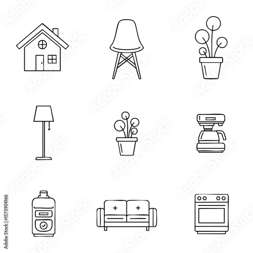 Line Art Home Decor Icons House, Chair, Plants, Lamp, Coffee Maker, Sofa, Oven