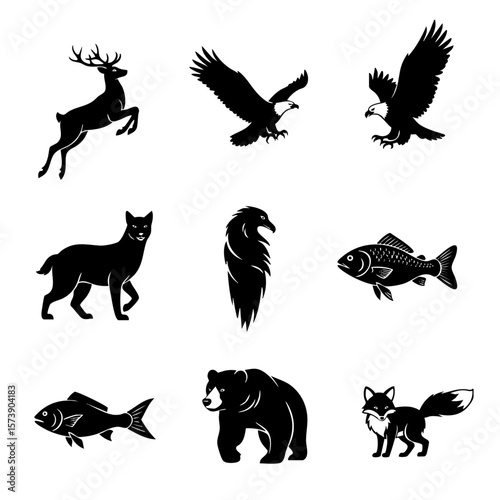 Majestic Wildlife Collection of Black and White Animal Silhouettes