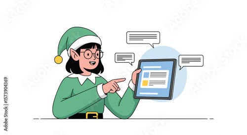 Digital holiday assistant elf explains online ordering process with tablet device showing festive shopping list