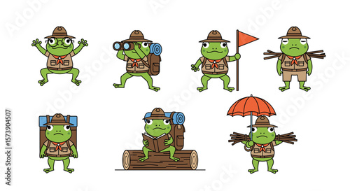 Cute cartoon forest explorer frogs ready for adventure with backpacks and tools for outdoor exploration activities