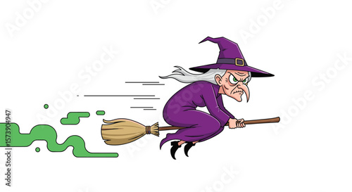 Spooky halloween witch flying on a broomstick with green smoke trail