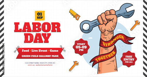 Happy Labor Day Event Banner with Hand Holding Hammer and Tools