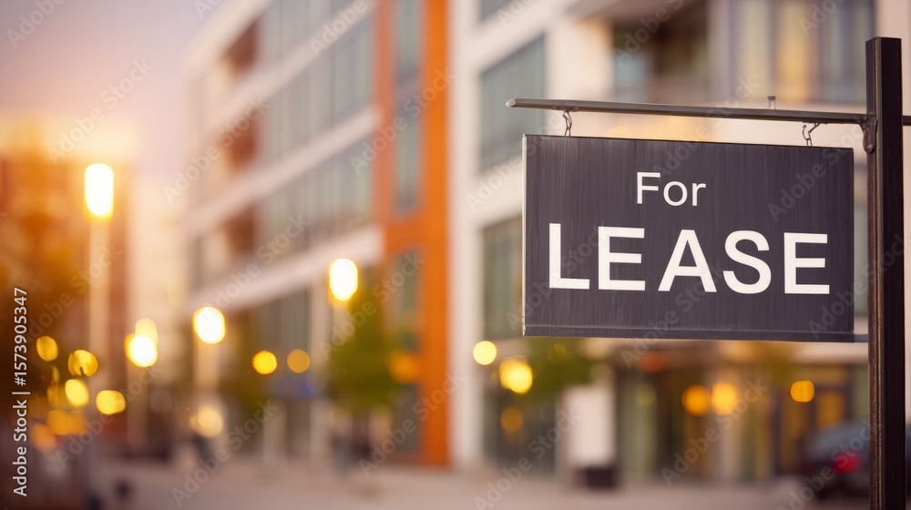 Obraz premium Modern apartment building with for lease sign in focus, urban real estate rental property and commercial space vacancy concept.