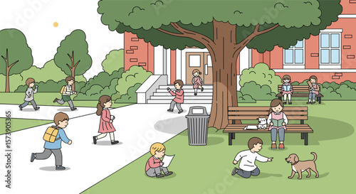 Children enjoy a sunny day on the school grounds with friends and pets creating happy memories outdoors