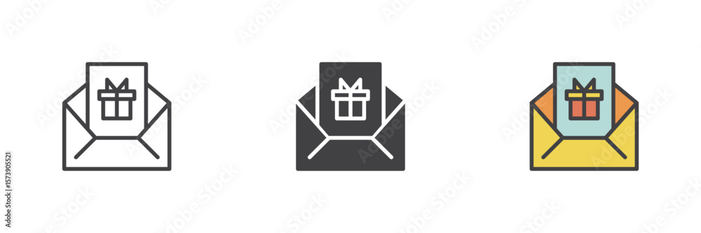 Obraz premium Gift envelope icon set in line, solid and filled outline style