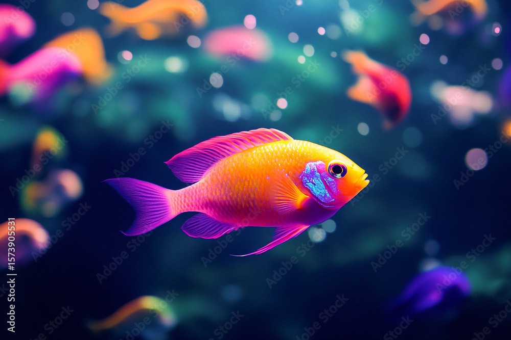 Fototapeta premium Orange pink fish swimming in dark blue water purple