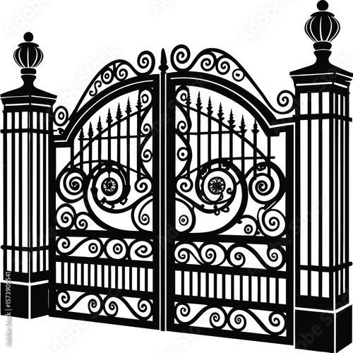 Ornate Wrought Iron Gate Silhouette vector illustration.