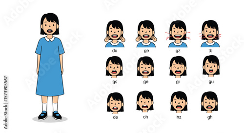 Collection of animated facial expressions for a young girl illustrating various emotions and sounds for educational purposes