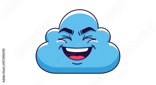 A cheerful blue cloud with a wide grinning face expressing joyful laughter and happiness in a cartoonish style