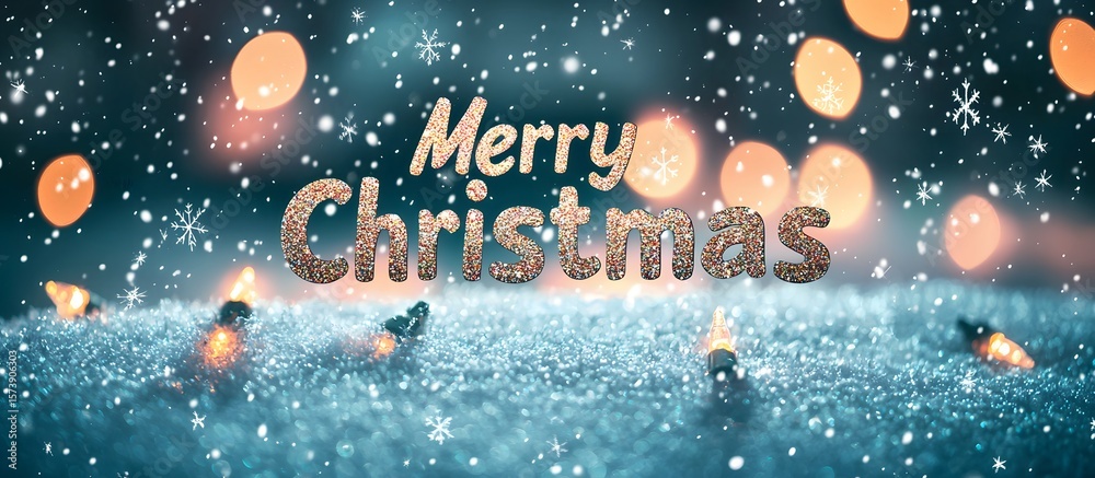 Fototapeta premium Merry Christmas greeting card on a snowy background with lights