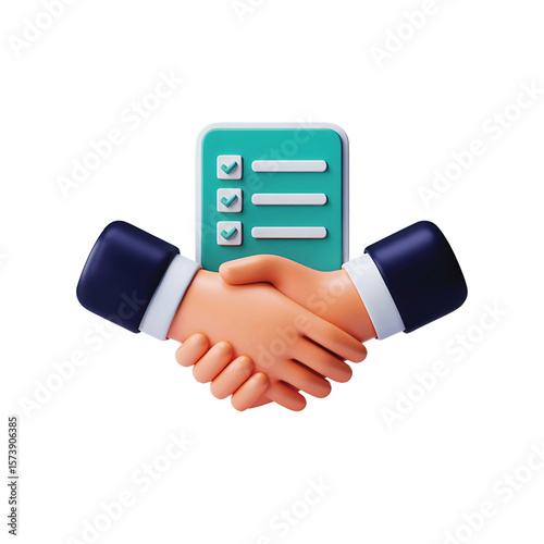 3D Handshake with Checklist: Business Partnership, Agreement, and Task Completion Icon