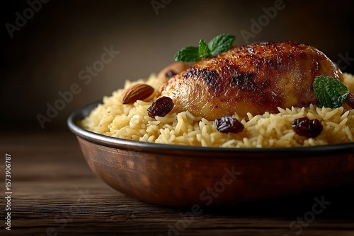 **A Classic Arabian Chicken Kabsa Rice Dish Served In A Bronze Bowl, With Spiced Rice, Almonds, Raisins, And Cardamom Pods. Background Is Light Beige With Side Lighting. Copy Space On The Top Left. Id