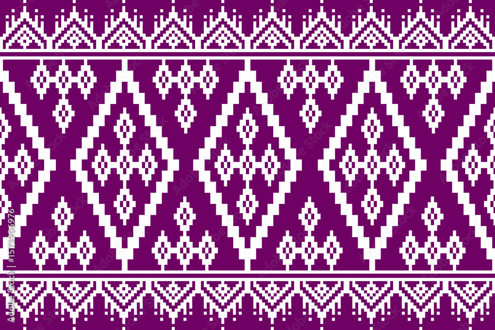 Fototapeta premium Geometric diamond pattern with ornate borders in white on a purple background