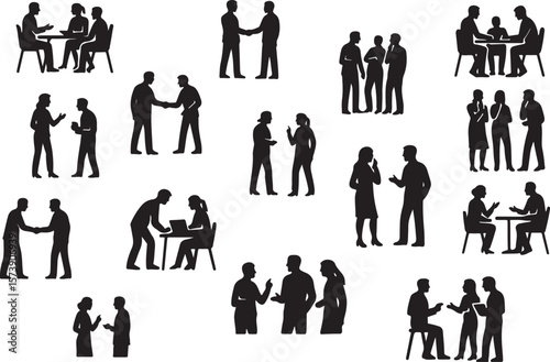 Business Teamwork Silhouette Vector Set – Office Collaboration, Meetings & Professional Interaction on White Background

