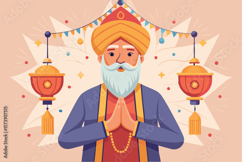 An indian man in traditional dress offers a greeting during a cultural festival celebration