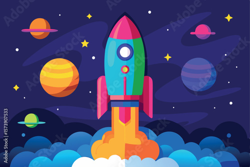 A colorful rocket launches into space for an adventure among the stars and planets